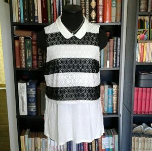 🌸 $5 Elle Black White Stripe Crochet Collared Top M